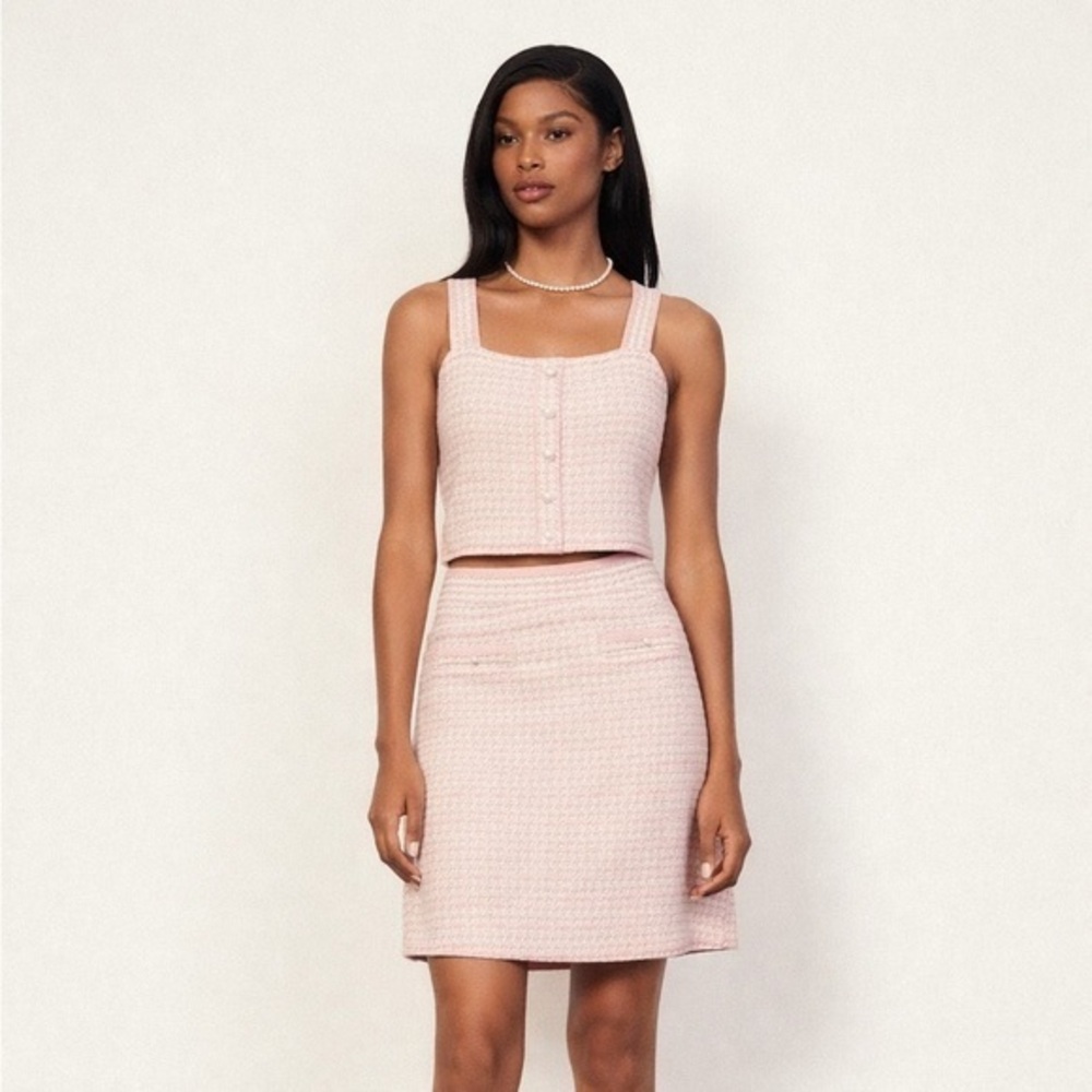 Sandro Paris Pink Tweed Knit Top & Mini Skirt Set ASO Sz 1 / US 4 Small